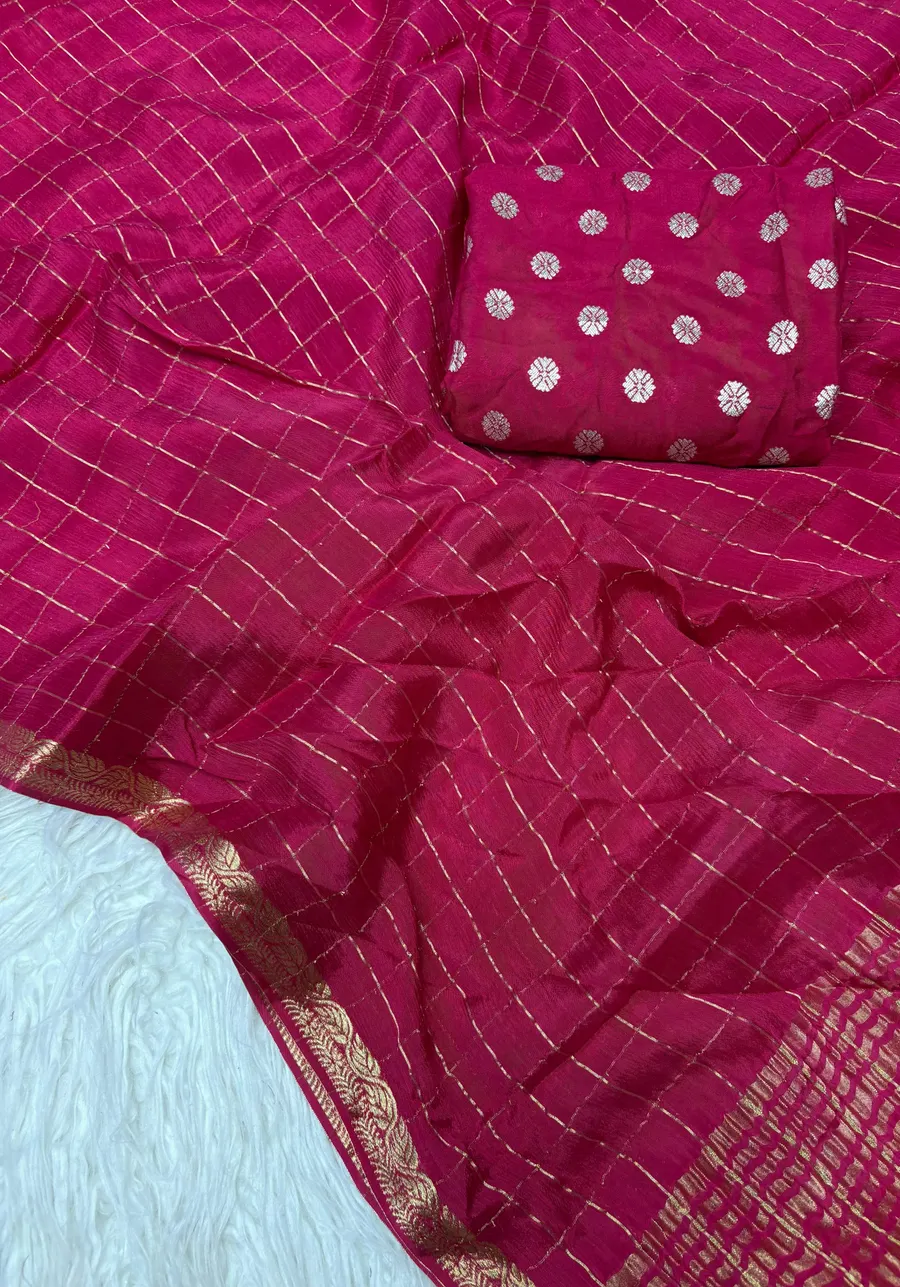 Pure Chinnon Saree With Weaving Chex & Jacquard Border