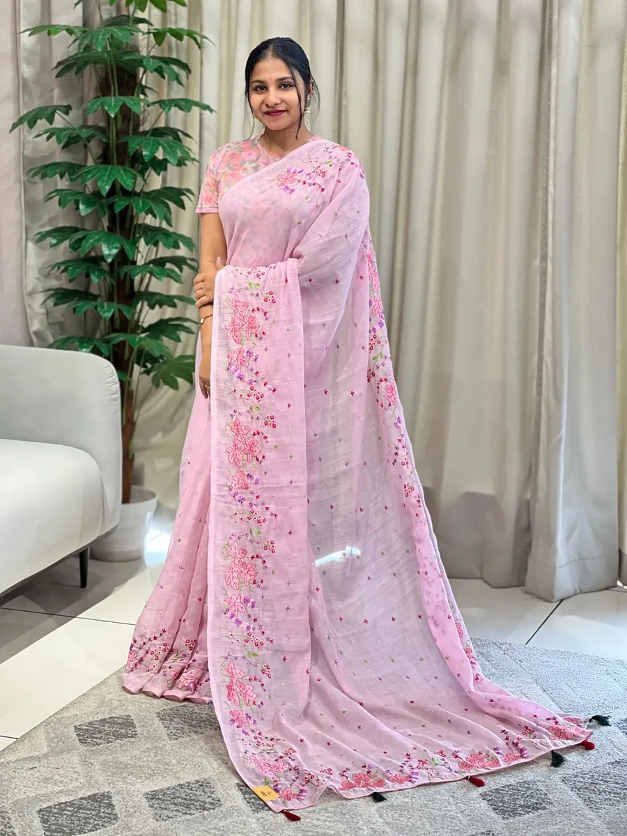 Soft Slub Cotton Saree with Zari Border – Beautiful Floral Embroidery Work Saree