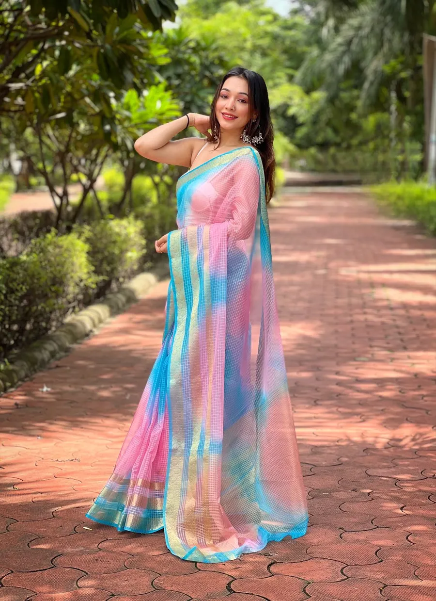 Branded Pure Soft Organza Checks Saree with Batik Print & Jacquard Border – Elegance with Sequin Sparkle