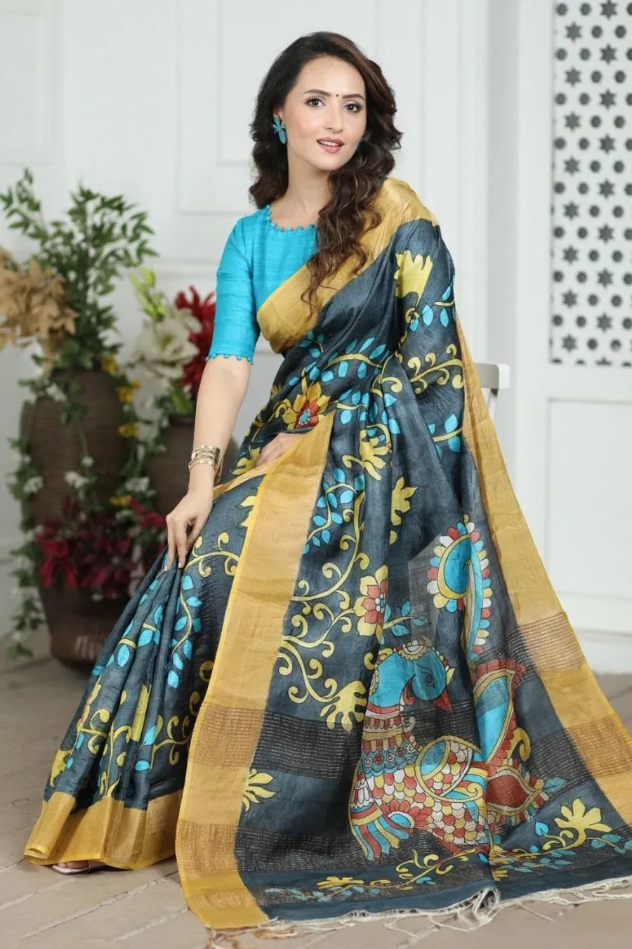 Dream Flare Kalamkari Tussar Silk Saree Timeless Elegance Meets Artistic Tradition Saree