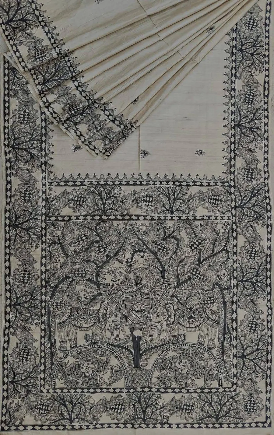 Pure Handloom Munga Silk Madhubani Hand Painted Silk Sarees