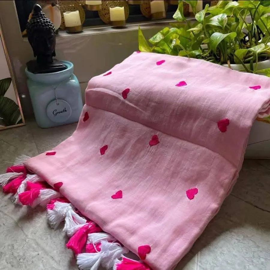 Heart Embroidered Soft Khadi Cotton Saree for Women, Party, Wedding, Bridal