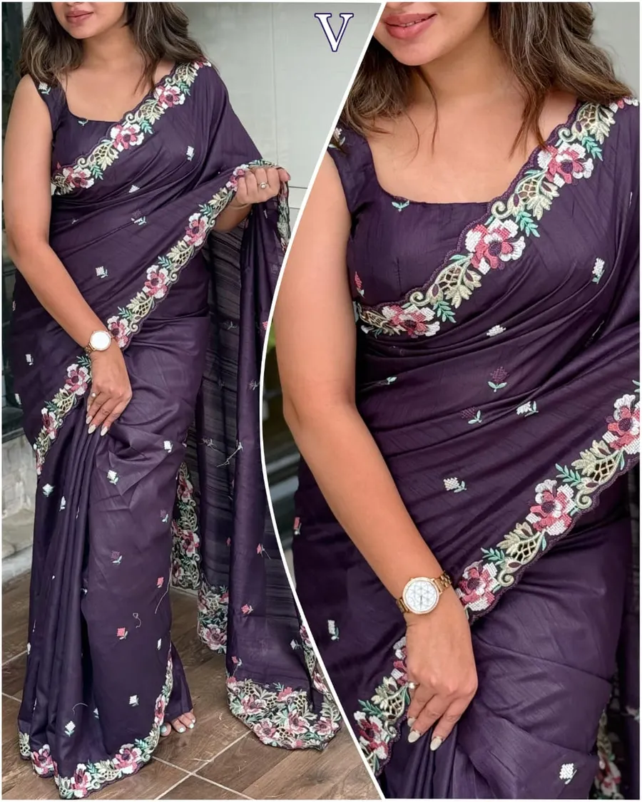 Embrace your femininity & make a statement with our stunning cut work Visca Slub Silk Saree. 