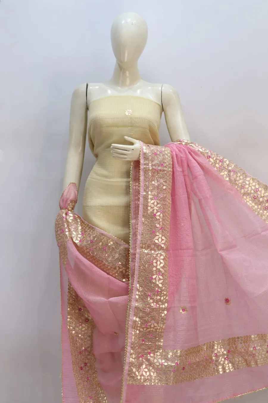  Kota Doria Tissue Gota Patti Suit Set with Dupatta (Top + Dupatta Unstitched)