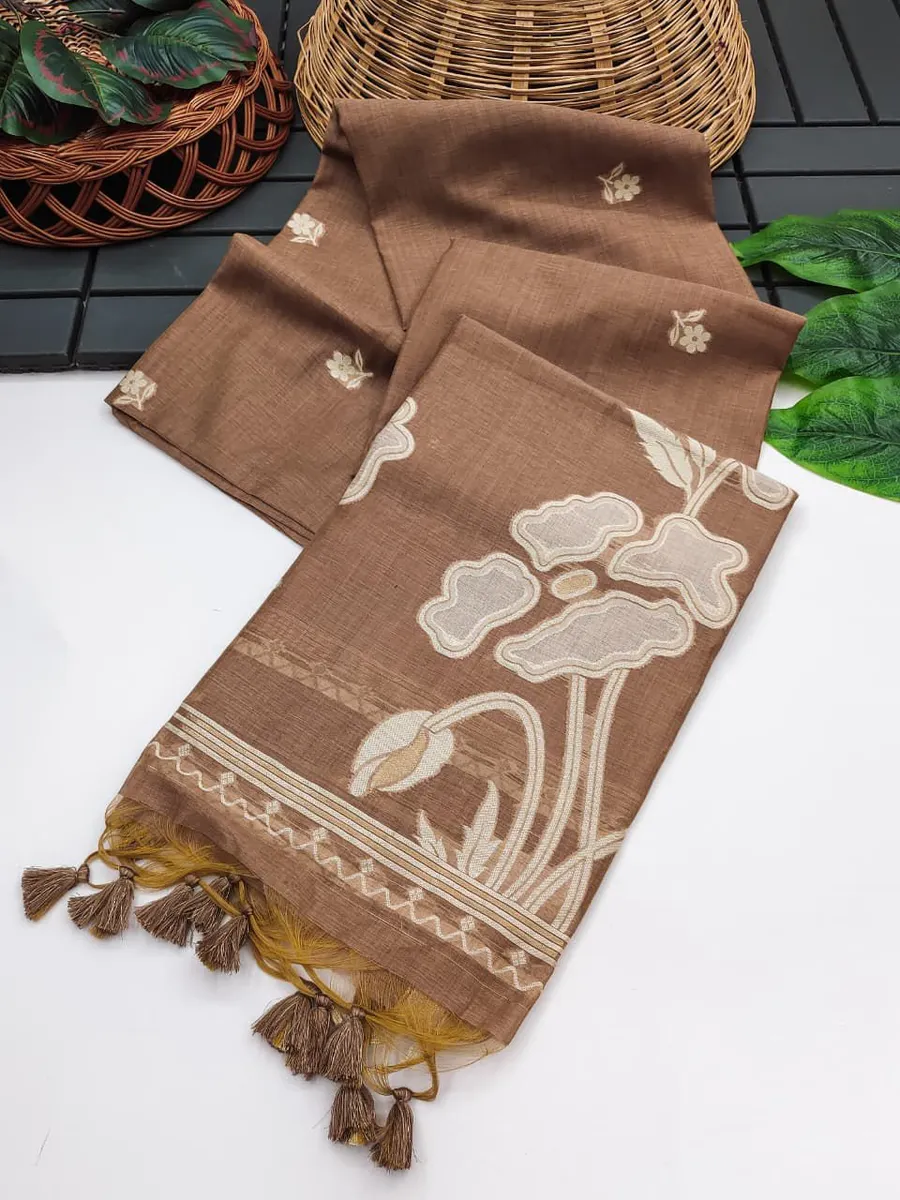 Elegant Premium Muga Cotton Saree with Floral Weaving Pallu & Zari Border