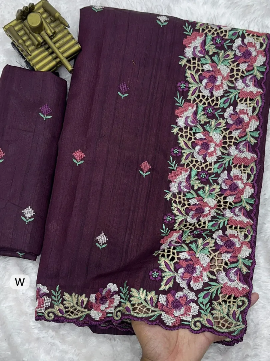 Embrace your femininity & make a statement with our stunning cut work Visca Slub Silk Saree. 