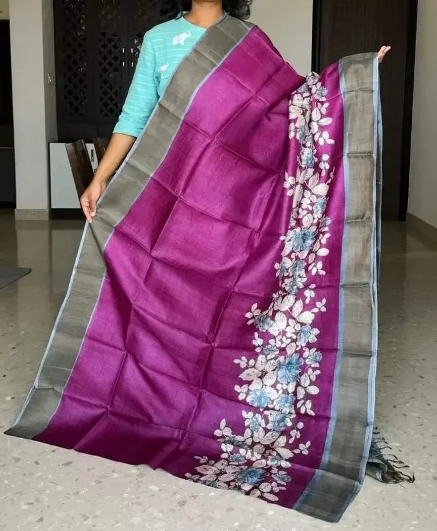Magenta with Pink Floral Pattern Handwoven Tussar Silk Saree with Zari Border
