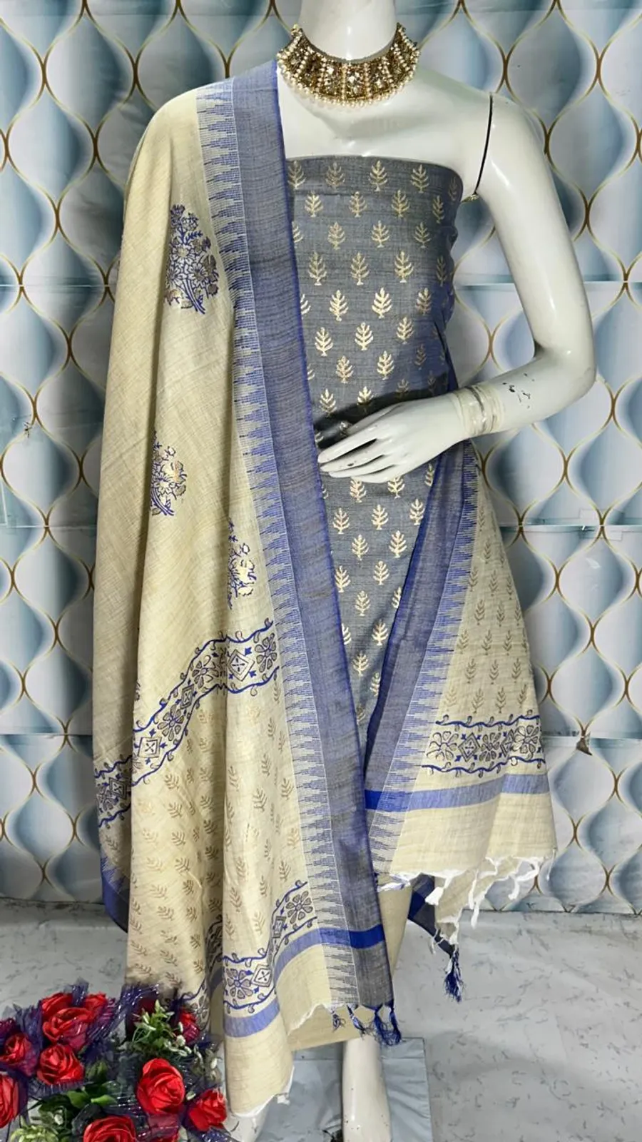  Bhagalpuri Silk Suit Piece with Khadi Dupion & Temple Border Dupatta – 2.5m Each