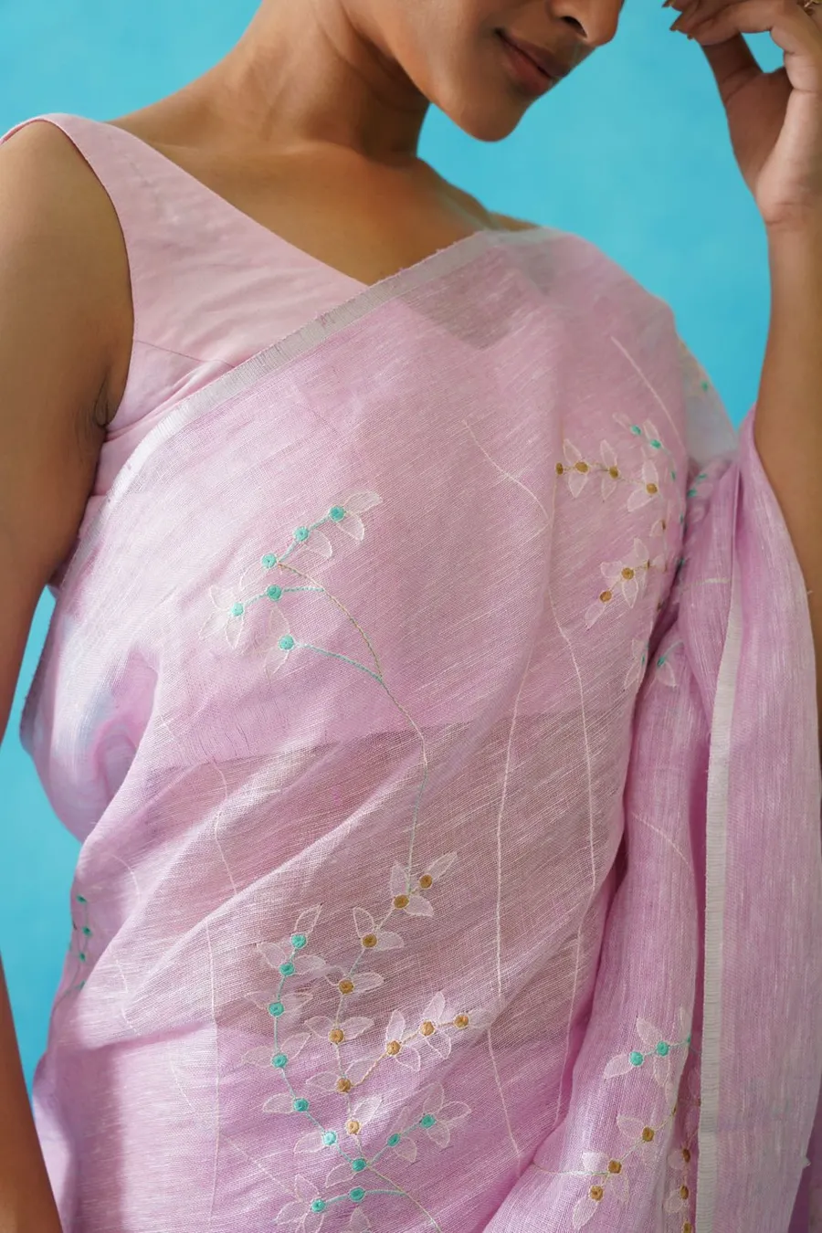  Pure Linen Floral Digital Embroidery Saree