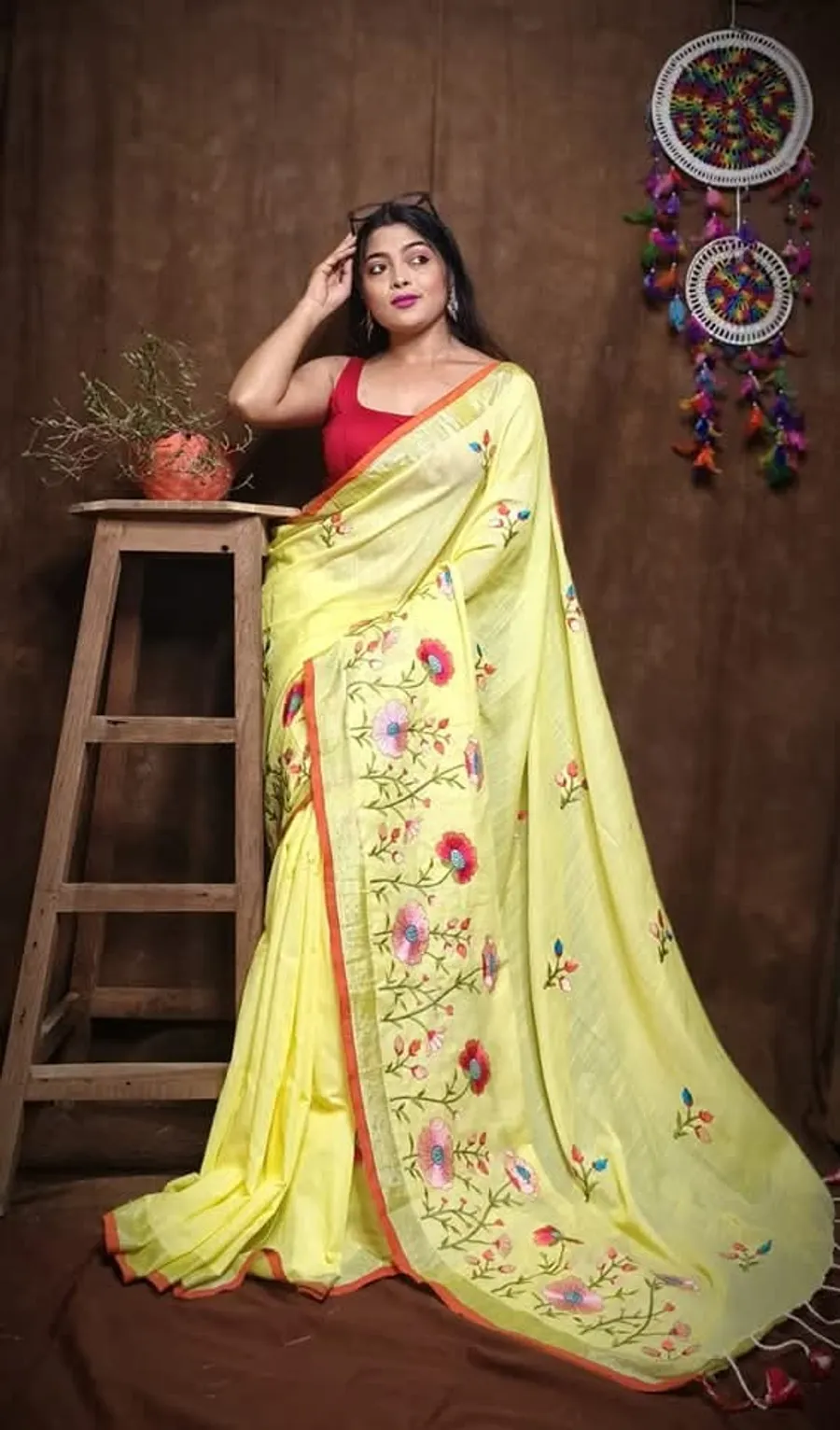 Cotton Linen Embroidery Saree with Exclusive zari Border