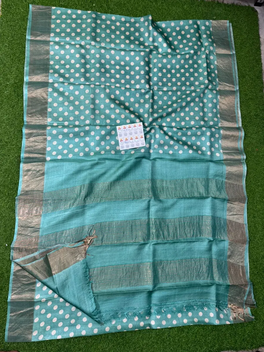  pure handloom Tussar silk saree with hand block and digital prints. Azo-free dye, silk mark certified