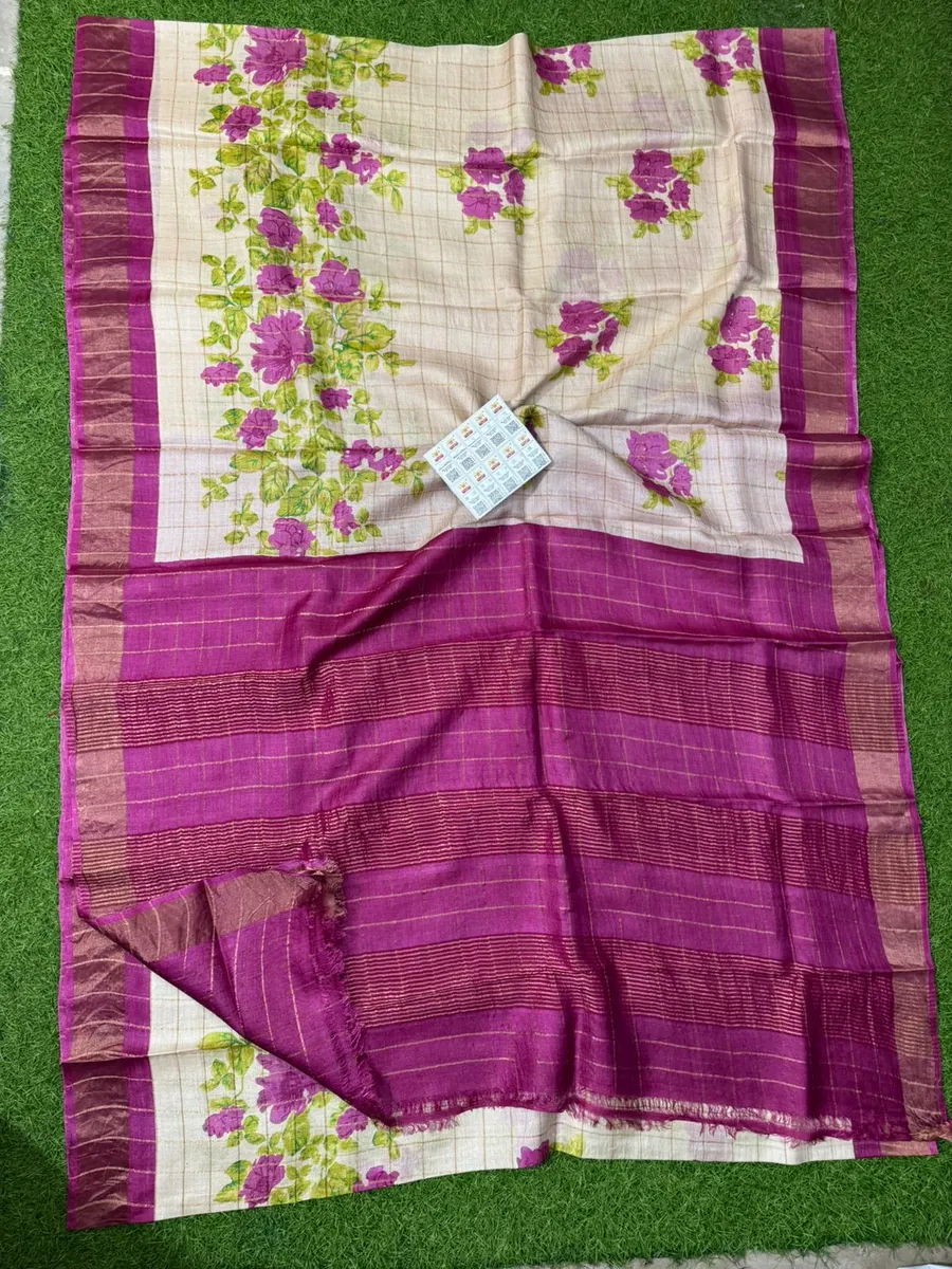  Premium Tussar Silk Printed Saree with Silk Mark Certification