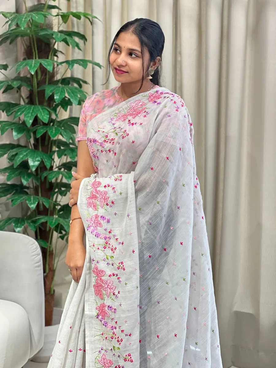 Soft Slub Cotton Saree with Zari Border – Beautiful Floral Embroidery Work Saree