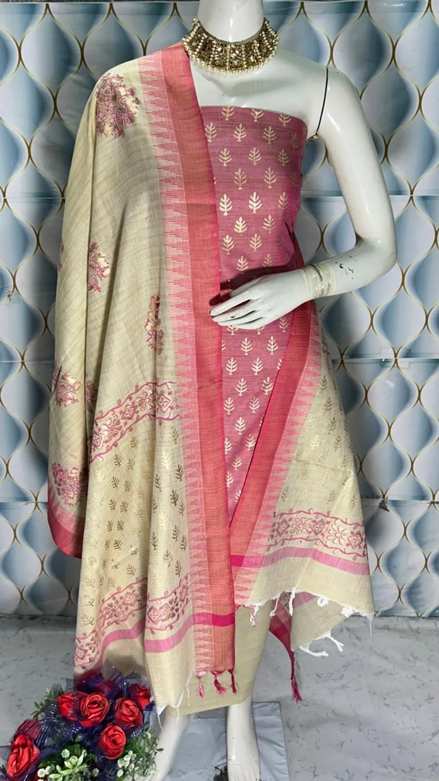  Bhagalpuri Silk Suit Piece with Khadi Dupion & Temple Border Dupatta – 2.5m Each