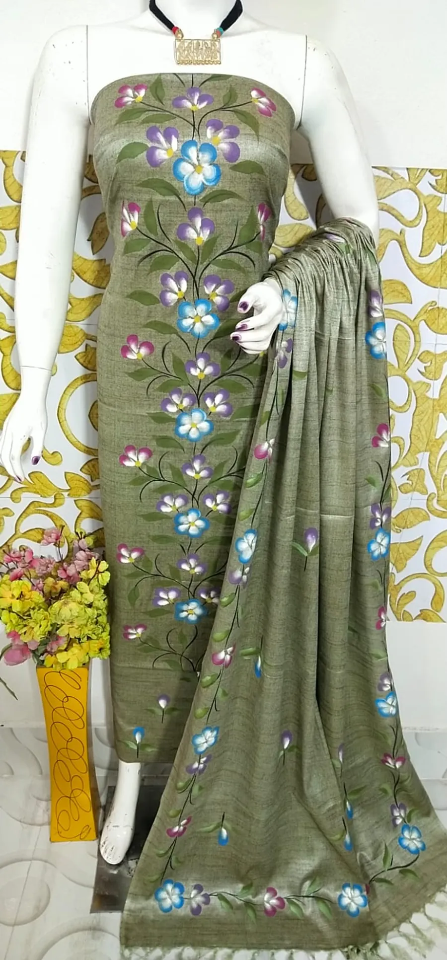 Elegant Dupion Salab Hand-Painted Suit Set – Artistic Ethnic Charm