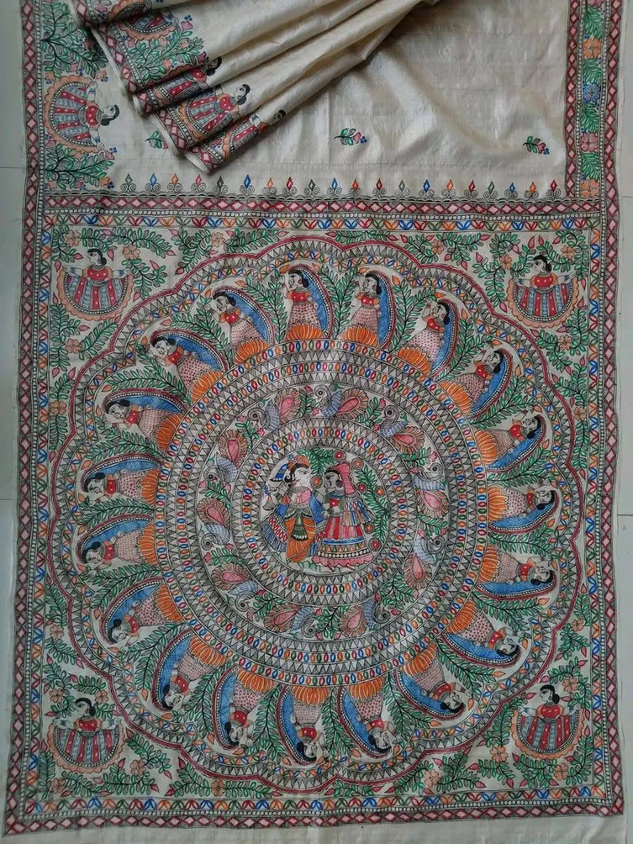 Pure Handloom  Munga Silk Madhubani Hand Painted Silk Saree