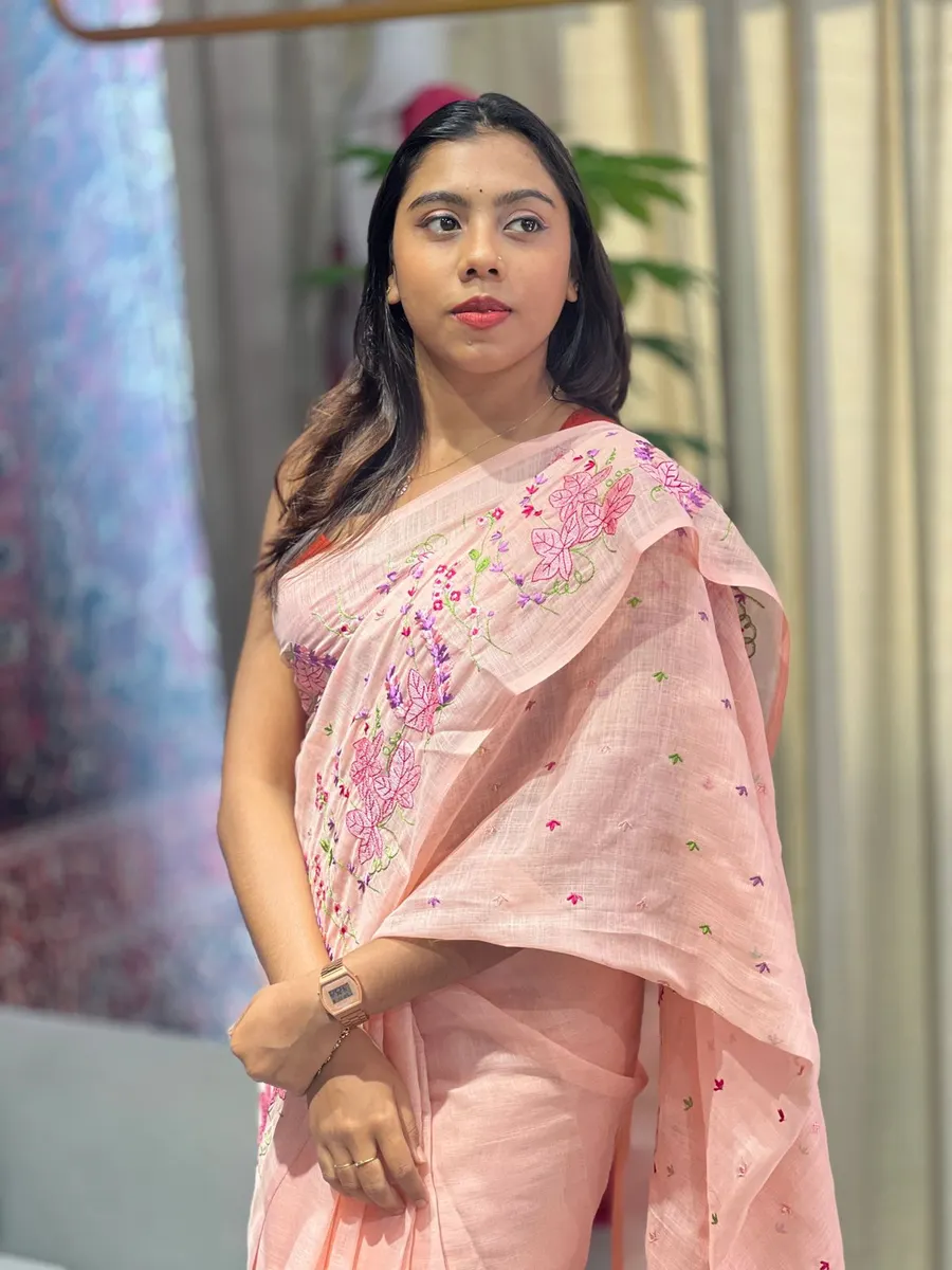 Soft Slub Cotton Saree with Zari Border – Beautiful Floral Embroidery Work Saree