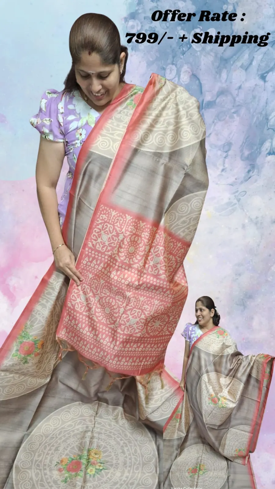 Elegant Flower Print Semi Tussar Silk Saree