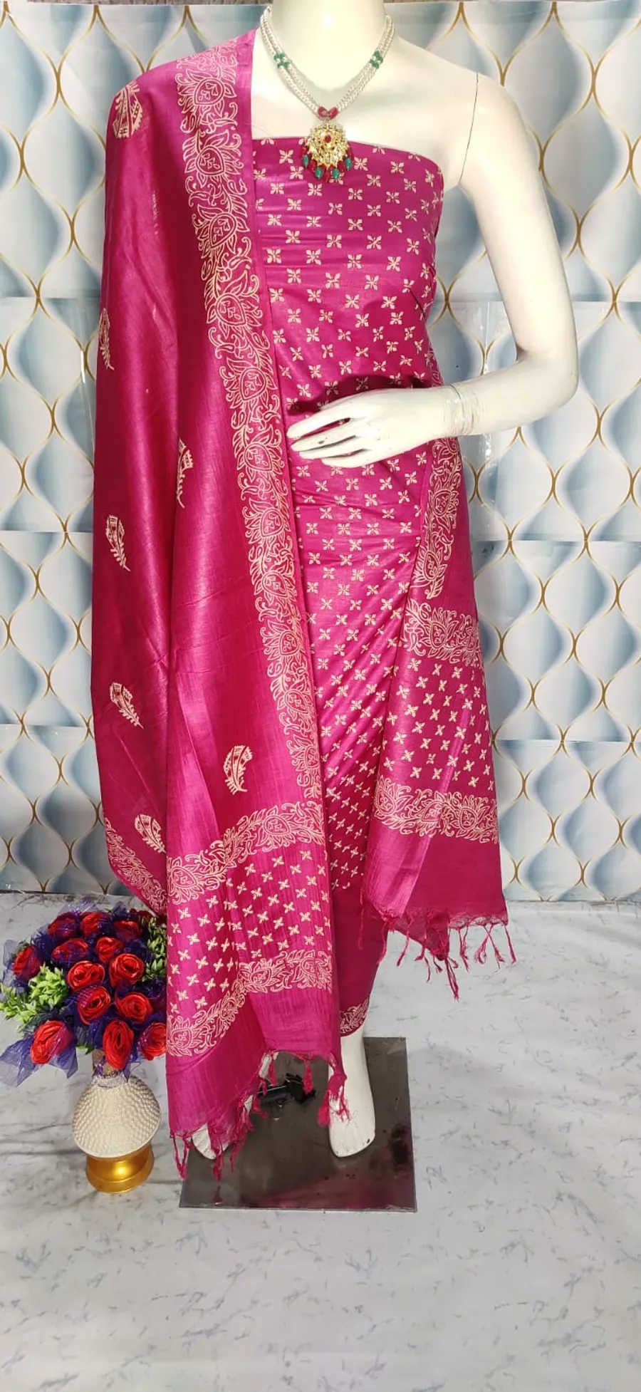Block Printed Katan Silk Full Suit Salwar - Elegant & Stylish