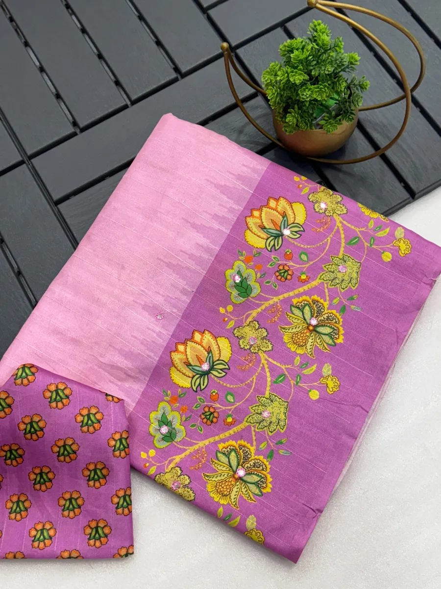 Tussar Silk Saree with Flower Digital Print & Mirror Work