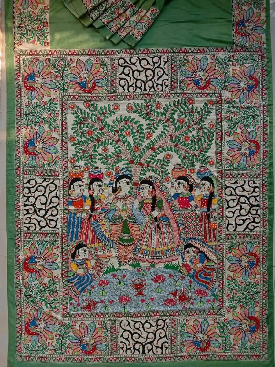 Pure Handloom  Munga Silk Madhubani Hand Painted Silk Saree