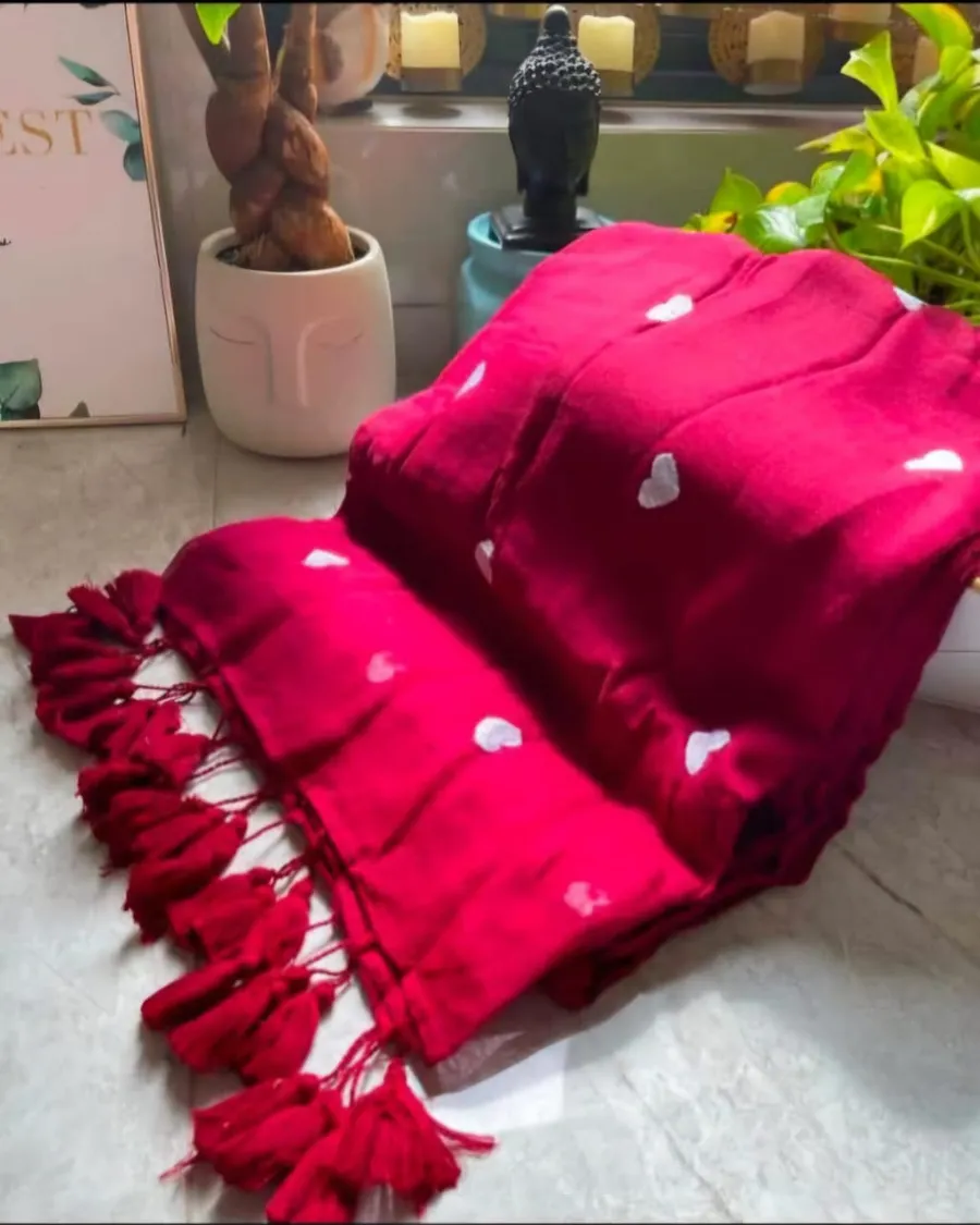 Red With White Heart Embroidered Soft Khadi Cotton Saree for Women, Party, Wedding, Bridal