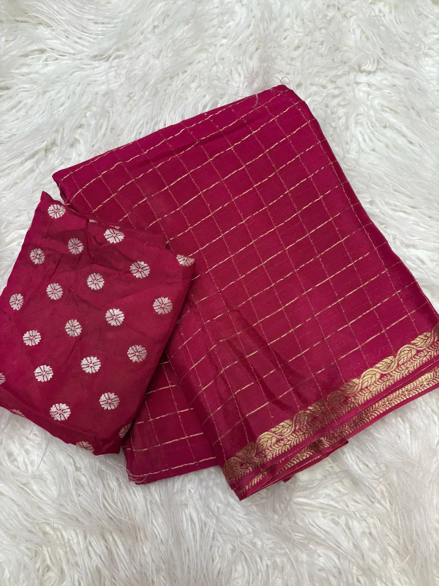 Pure Chinnon Saree With Weaving Chex & Jacquard Border