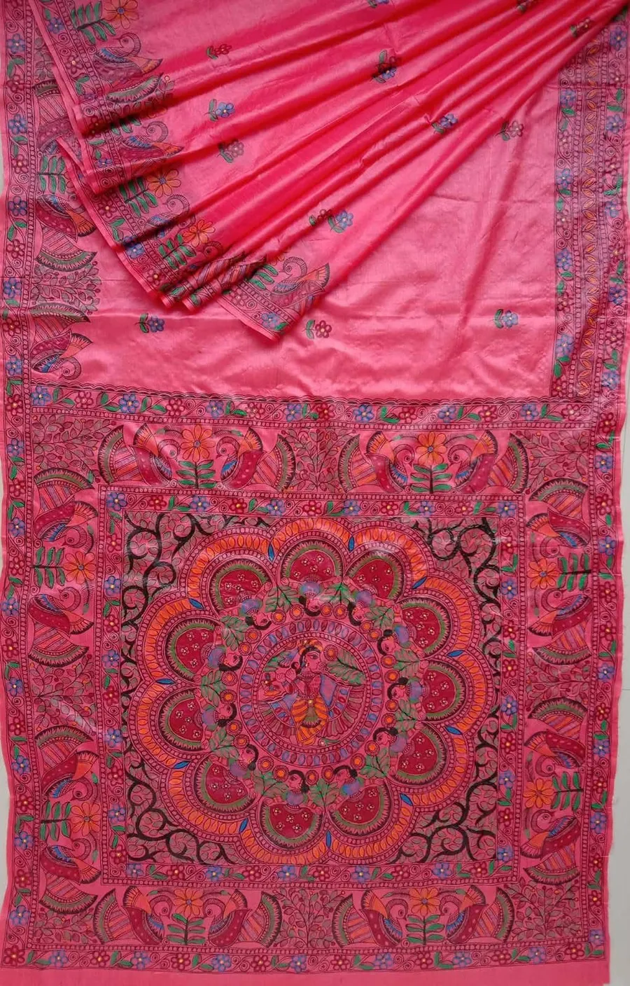 Pure Handloom Munga Silk Madhubani Hand Painted Silk Sarees