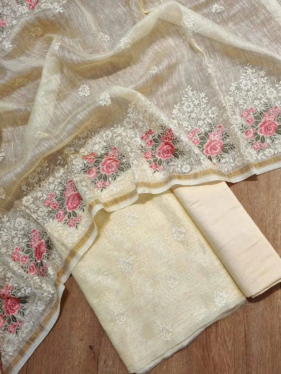 Pure Silk Linen Suit Set with Exquisite Floral Embroidery Work