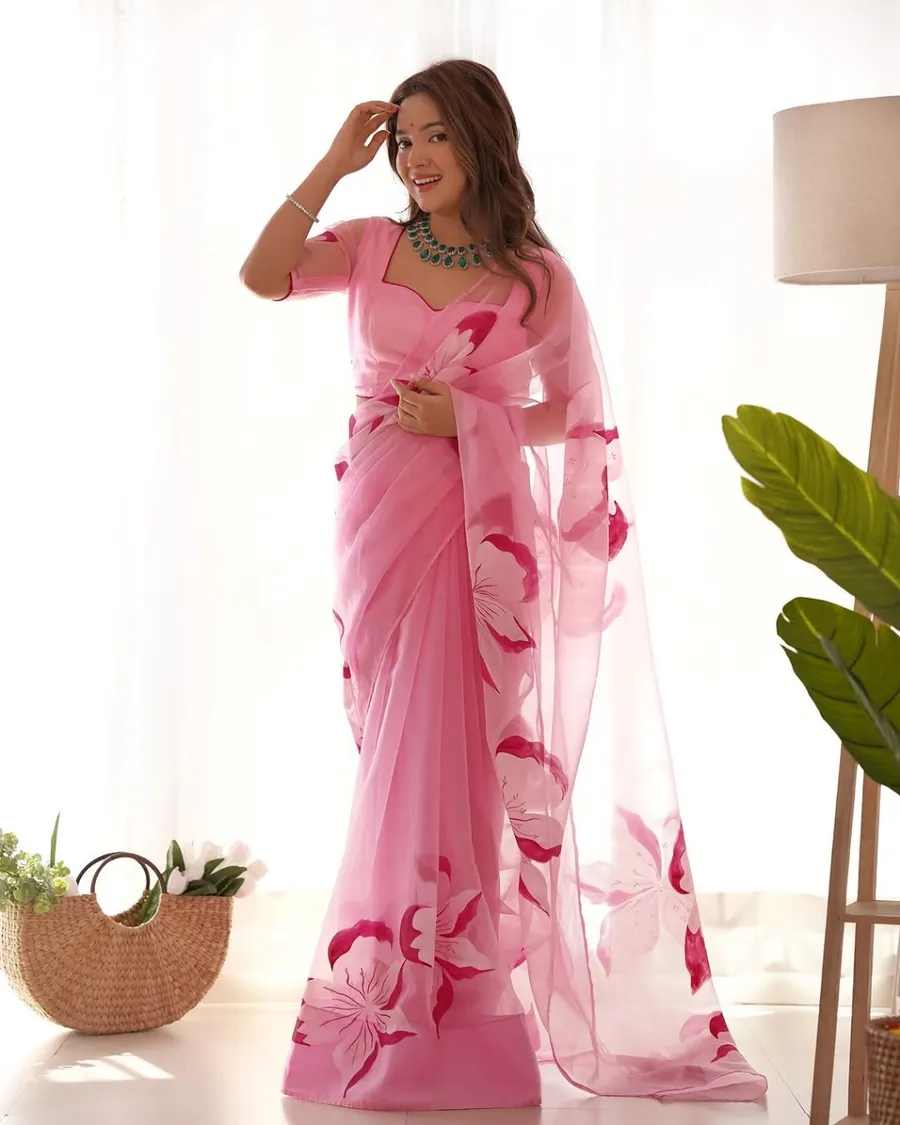 Pink Flower Ready-To-Wear 1-Minute Saree