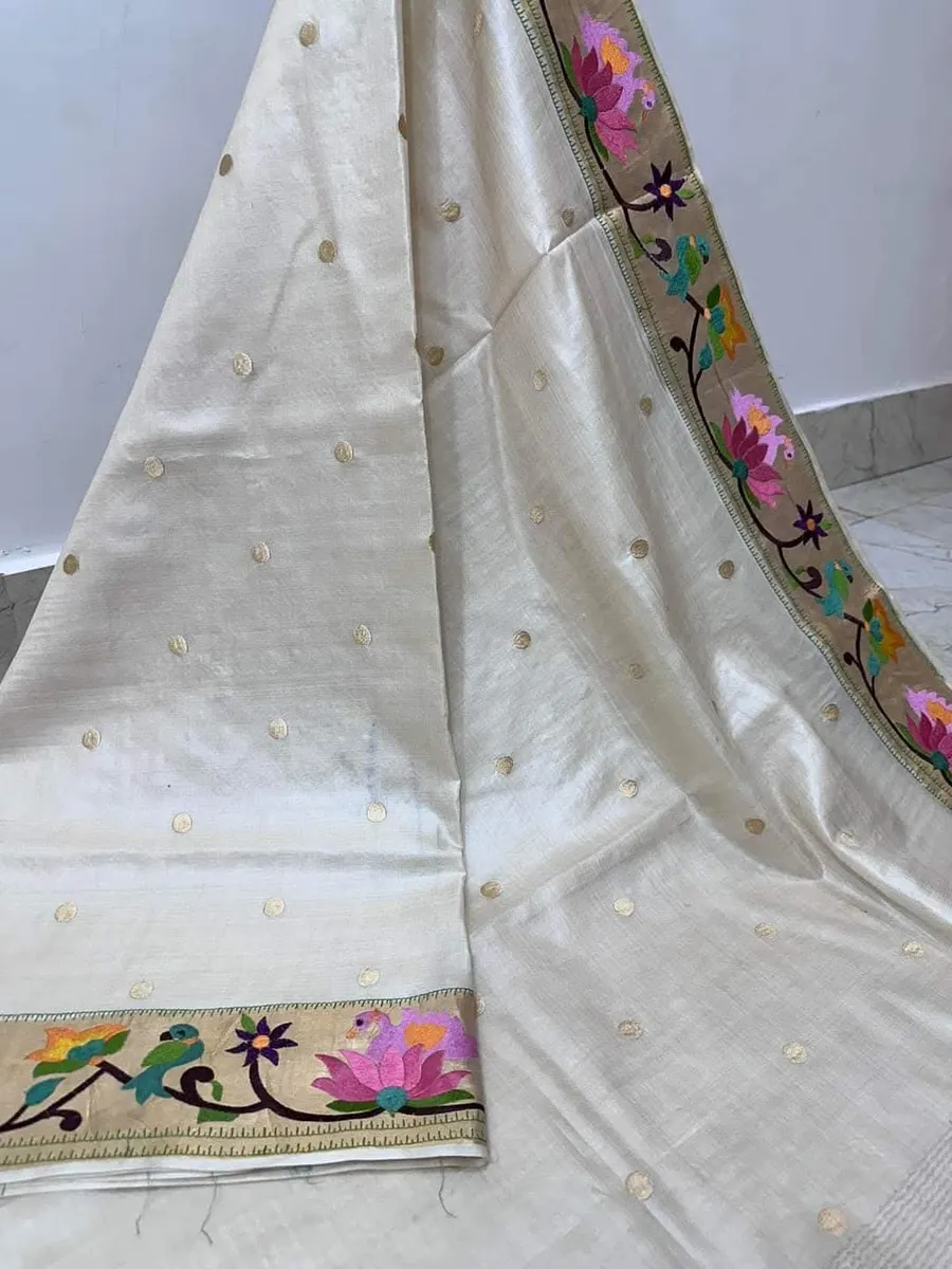 Premium Pure Tussar Silk Saree with Golden Zari Border & Digital Embroidery Work | Festive & Wedding Wear