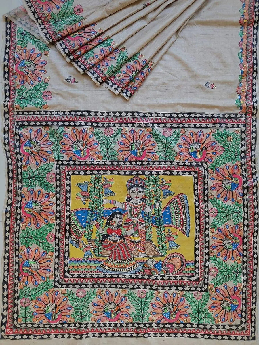 Pure Handloom Munga Silk Madhubani Hand Painted Silk Sarees