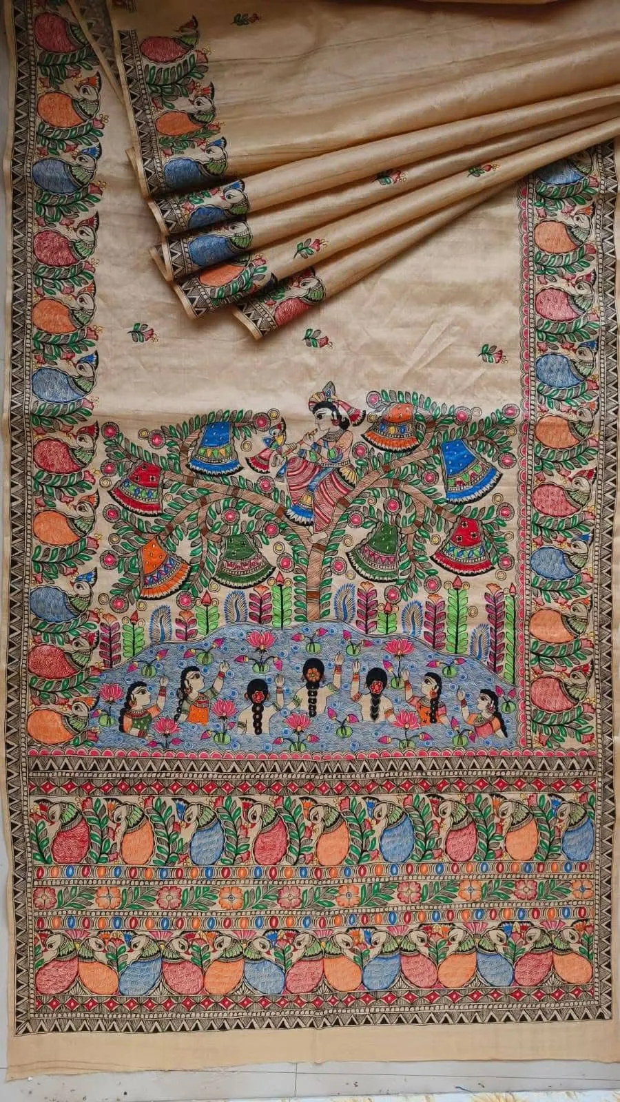 Pure Handloom Munga Silk Madhubani Hand Painted Silk Sarees