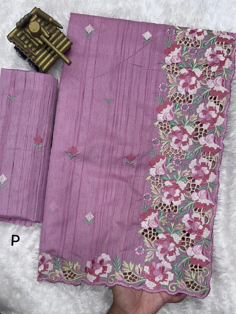 Embrace your femininity & make a statement with our stunning cut work Visca Slub Silk Saree. 